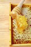 wooden box with natural honeycombs and honey
