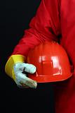 man holding red helmet 