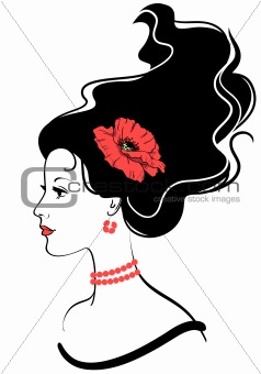 beauty girl face silhouette with red poppy in hairstyle 