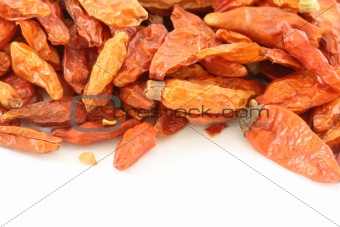 Hot dried chillies on white background