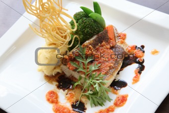 Grilled seabass fillet dish