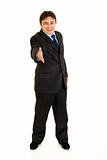 Full length portrait of smiling businessman stretches out hand for handshake
