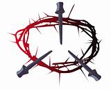 black and red silhouette of a crown of thorns with three nails