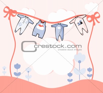 Card  illustration with baby clothes and flowers