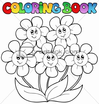 Coloring book with five flowers