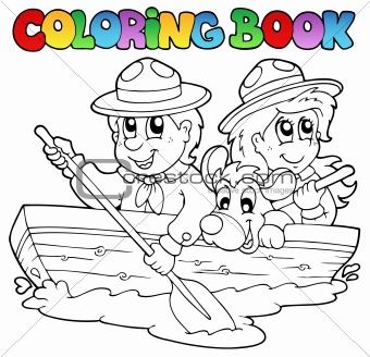 Coloring book with scouts in boat