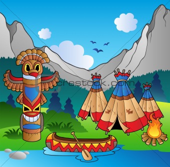 Indian village with totem and canoe