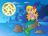 Night seascape with cartoon mermaid