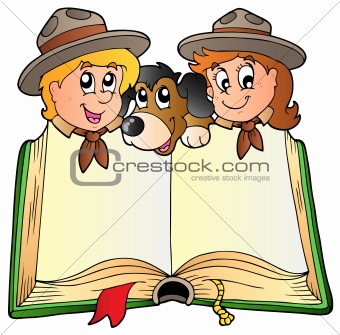 Opened book with two scouts and dog