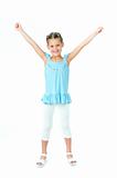 photo of cute little girl in colored clothes on white background