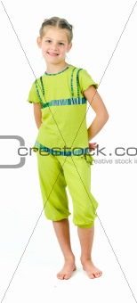 photo of cute little girl in colored clothes on white background