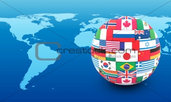 International communication concept. World flags on globe
