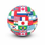 International communication concept. World flags on globe