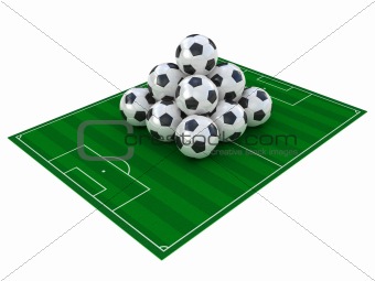 Football field and soccer ball isolated on white