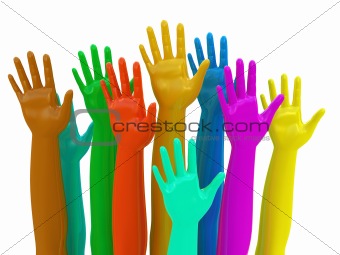 Voting concept Colorful hands isolated on white