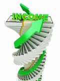 Income growth concept. Spiral dollar stack with arrows isolated on white