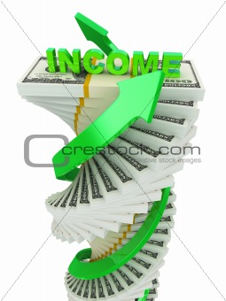 Income growth concept. Spiral dollar stack with arrows isolated on white