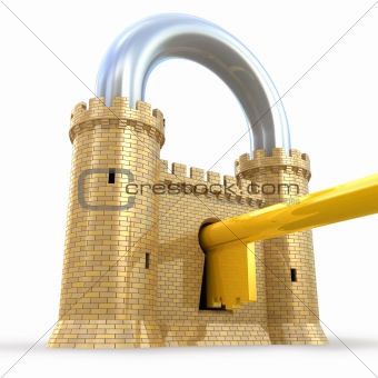 Security concept. Padlock as fortress isolated on white
