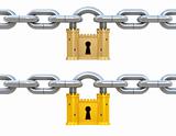 Security concept. Padlock as fortress and chain isolated on white