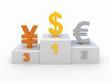 dollar, euro and yuan on pedestal