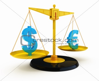 Dollar and Euro currency signs on scales isolated on white