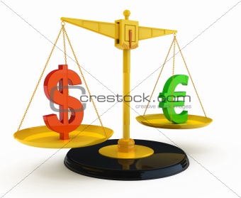 Dollar and Euro currency signs on scales isolated on white
