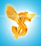 Flying Golden Dollar currency sign with wings