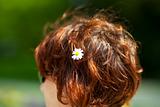daisy flower in the hair of a redheaded woman