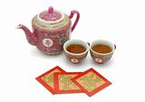 Chinese longevity tea set and red packets