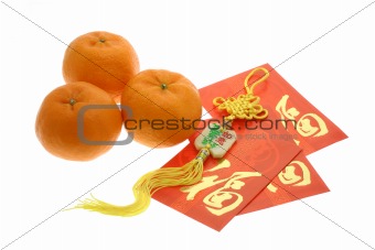 Chinese New Year ornament, oranges and red packets 