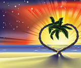 Romantic beach heart palm trees illustration