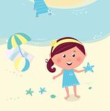Happy smiling girl on the beach holding sea star
