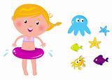 Cute swimmer girl and ocean animals icons
