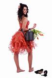 Happy and beautiful woman, with with tulips and a watering can in hand, isolated on white, studio shot