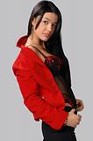  brunette woman in a red jacket