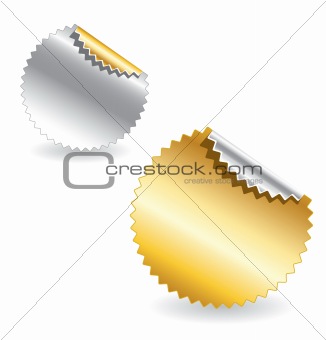Set of gold and silver star burst realistic vector stickers / labels