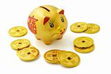 Chinese gold piggy bank and coins