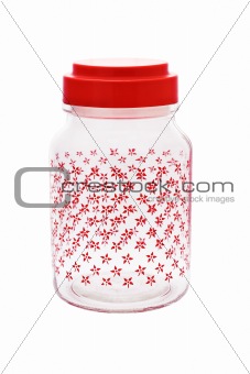 Glass jar with red floral design