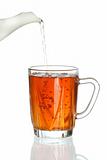 Pouring tea into transparent tea cup