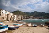 beach and waterfront of cefalu in sicily,italy 