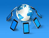 3D mobile phones around a world globe