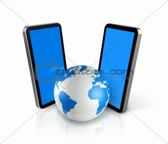 two mobile phones around a world globe