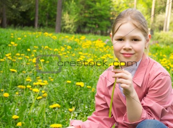 The beautiful girl smells a dandelion on a green field