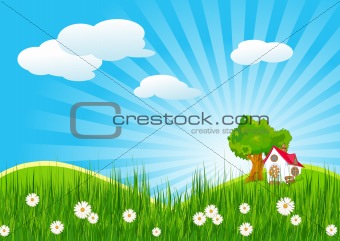Summer landscape with little house