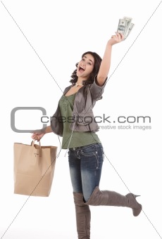 young woman with shopping and cash