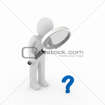 3d magnifying glass question mark blue