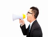 young Businessman make loud noise by megaphone