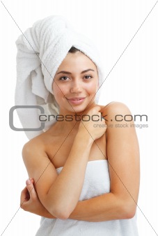 Portrait of young beautiful woman after bath.