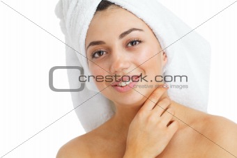 Portrait of young beautiful woman after bath.