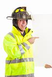 Enthusiastic Firefighter with Sign